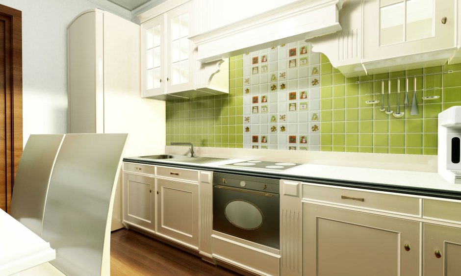 Фартук для кухни из плитки зеленого цвета