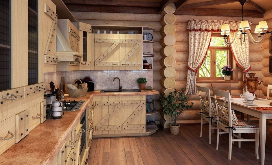Кухни в стиле Шале в деревянном доме