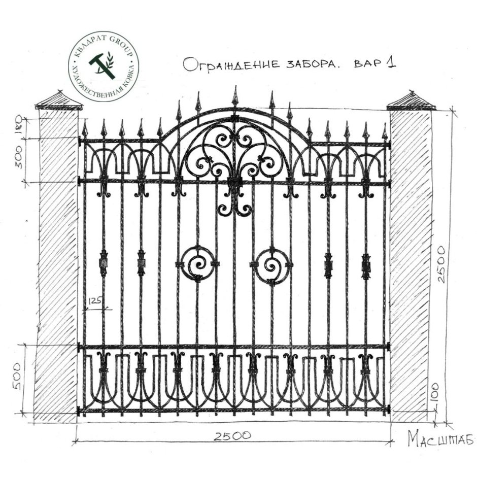 Ворота кованые двустворчатые с калиткой чертеж