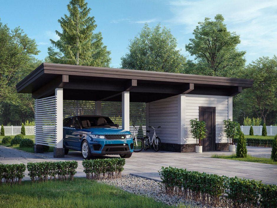 Гараж с плоской кровлей и навесом