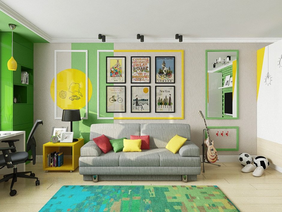 Комната для подростка жёлто-зелёная