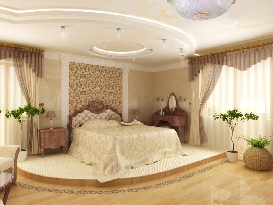 Натяжной потолок в классической спальне