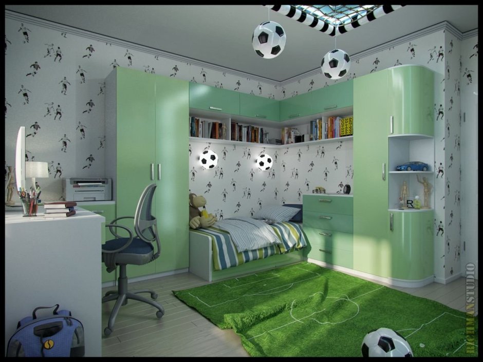 Детская комната в бело зеленом цвете