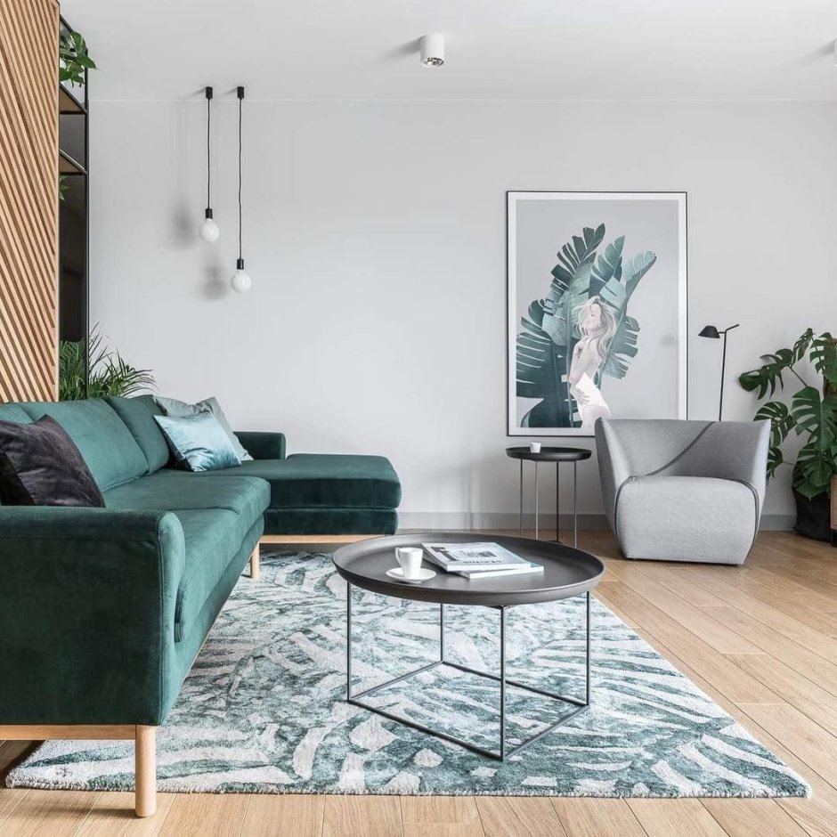 Зеленый диван в интерьере гостиной скандинавский стиль
