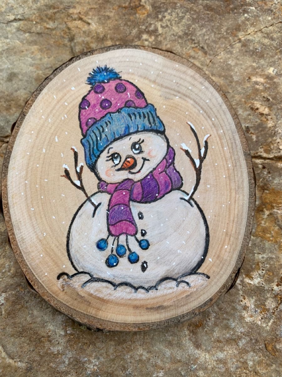 Роспись на спиле дерева новогодняя