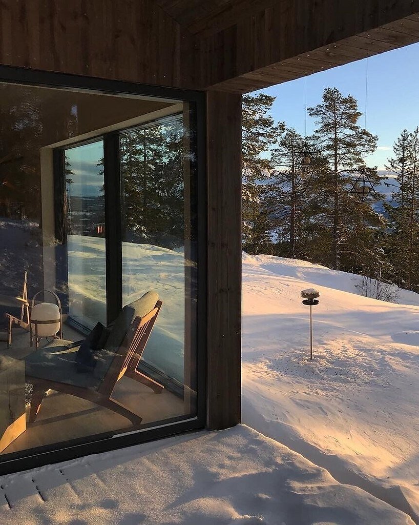 Панорамные окна зимой в лесу