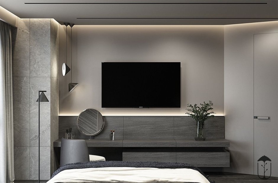 Интерьер спальни с телевизором