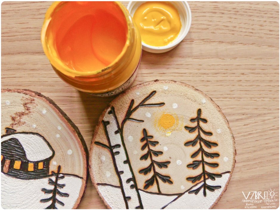 Роспись деревянных спилов новый год