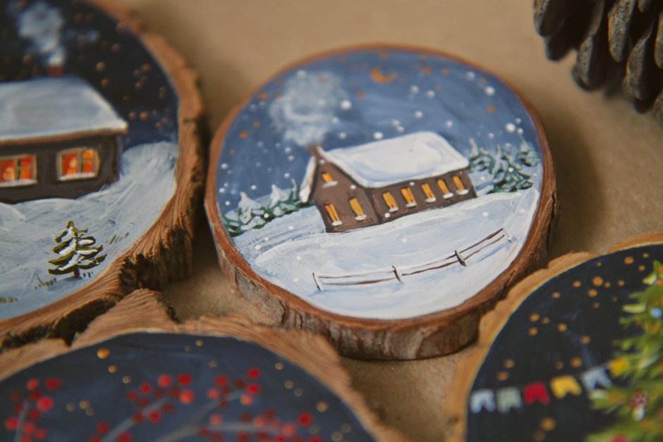 Новогодняя роспись на маленьких спилах