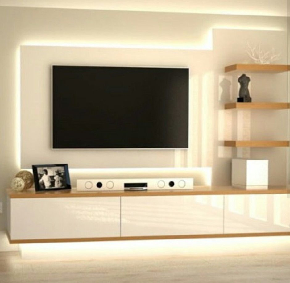 Мебель вокруг телевизора на стене