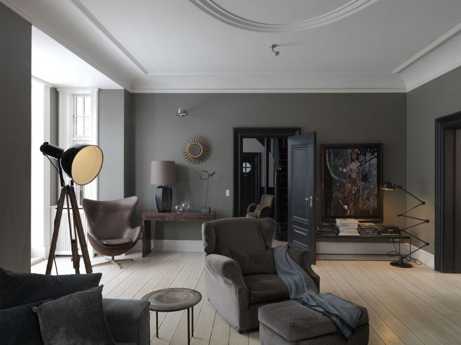 Гостиная в скандинавском стиле в темных тонах