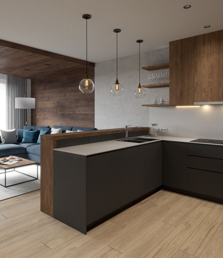 Современная кухня гостиная угловая