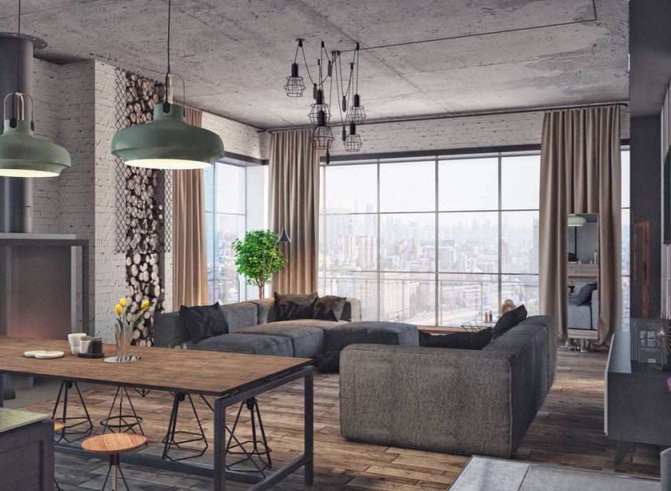 Кухня гостиная лофт графит