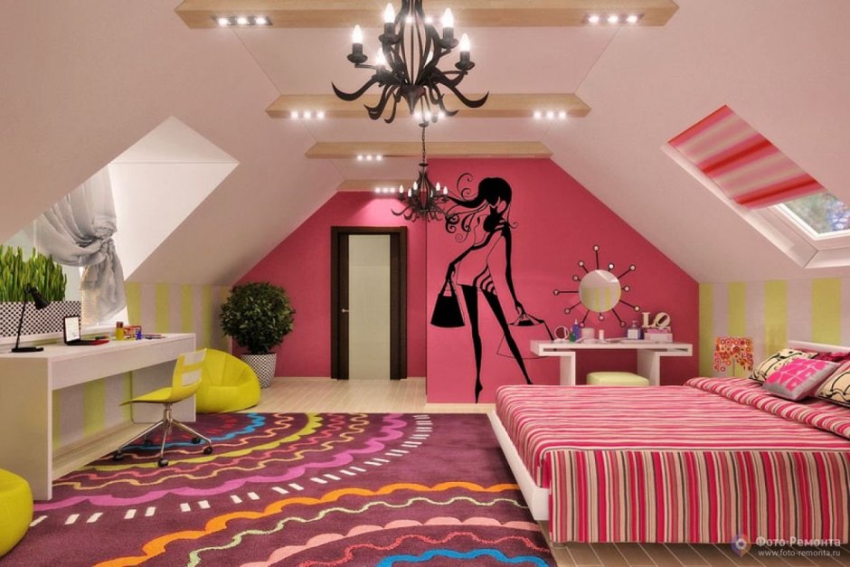 Комната подростка девочка с мансардным потолком