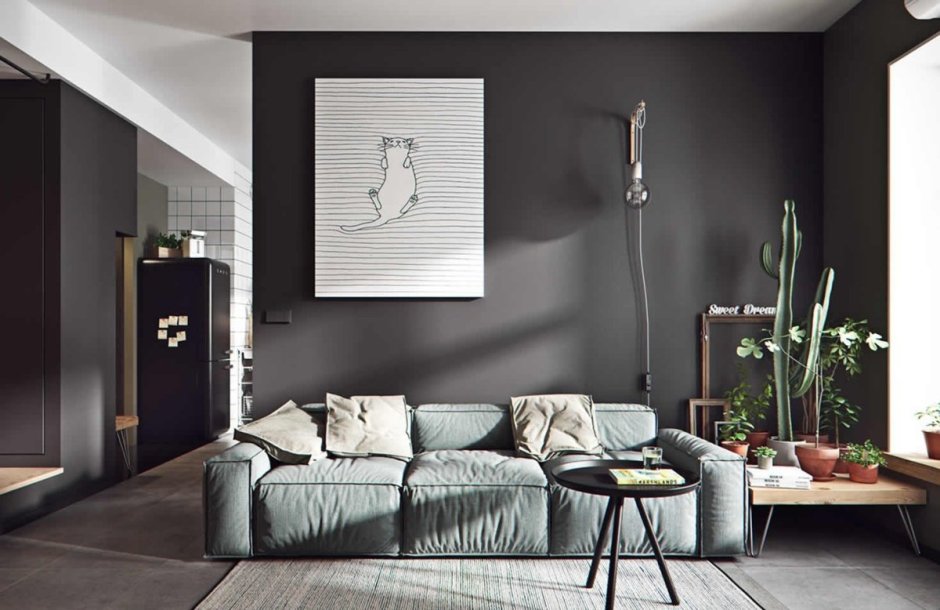 Гостиннаяс серыми стенами