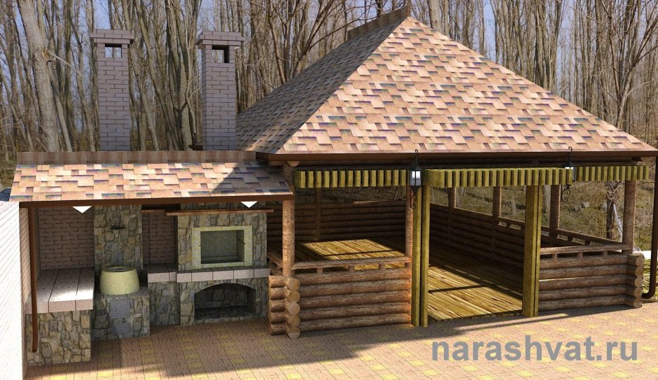 Беседка с четырехскатной крышей и мангалом
