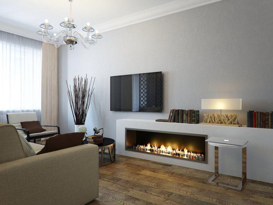 Линейный камин в интерьере гостиной