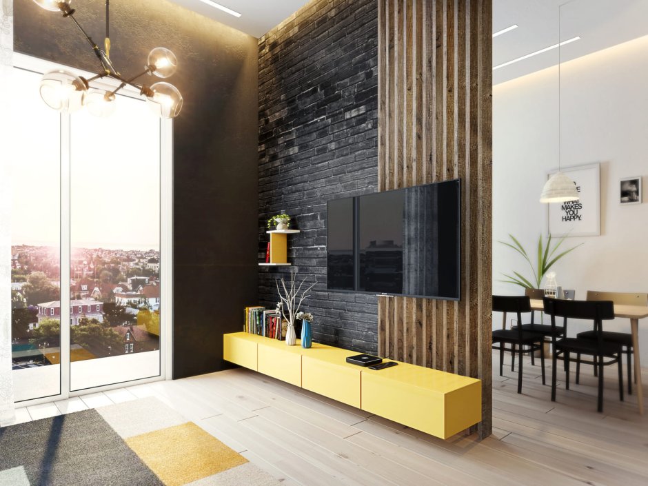 Деревянные рейки в зоне телевизора