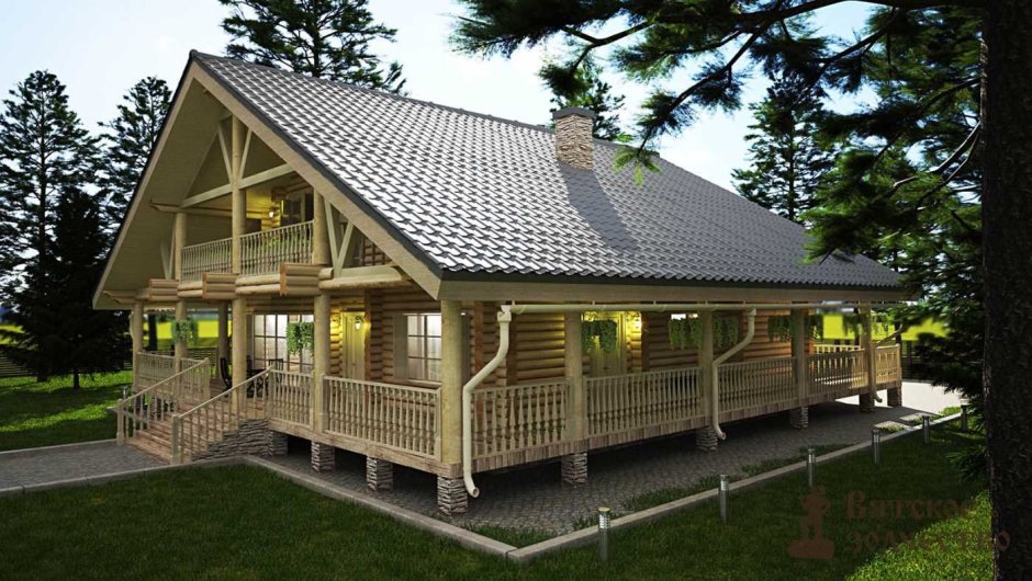 Одноэтажный деревянный дом с террасой по периметру