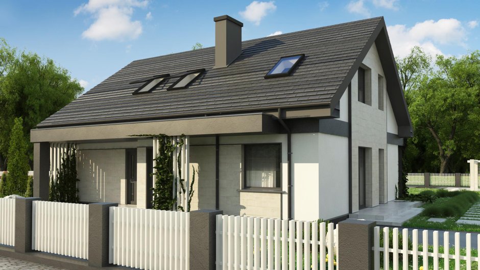 Серый дом с двускатной крышей