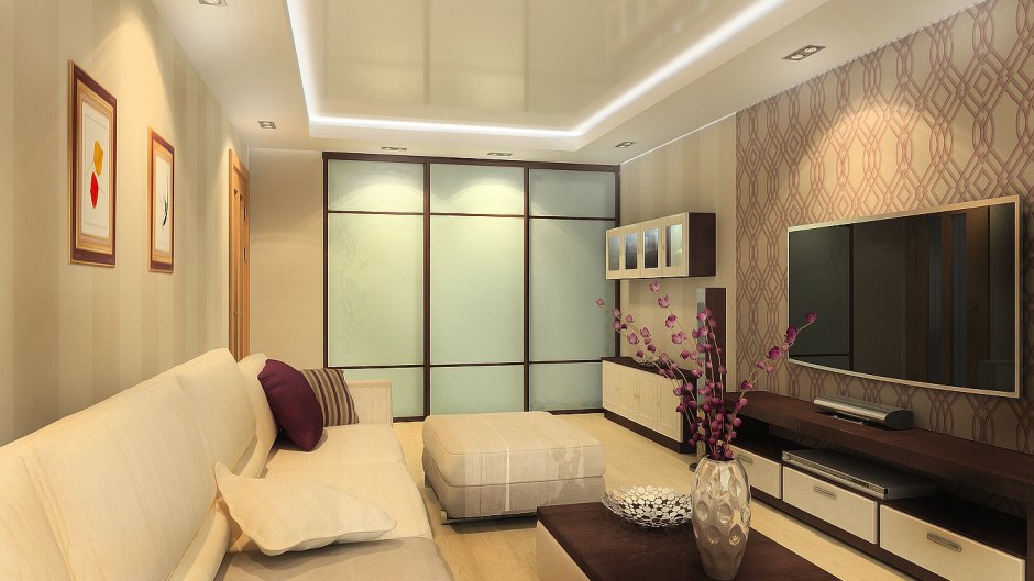 Шкаф купе в интерьере гостиной 17 кв.м