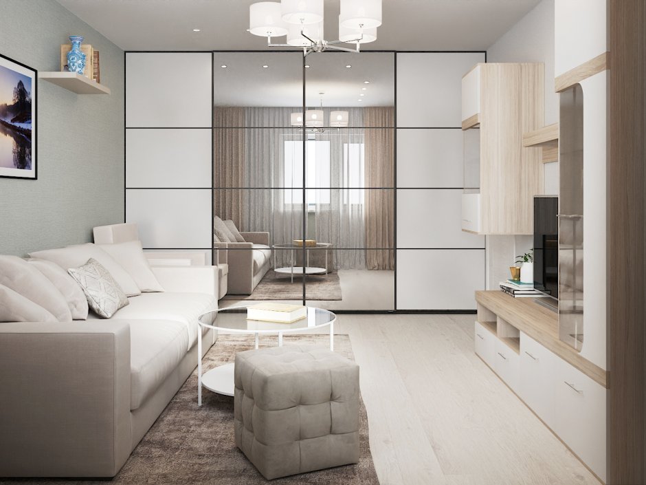 Светлая гостиная в современном стиле со шкафом
