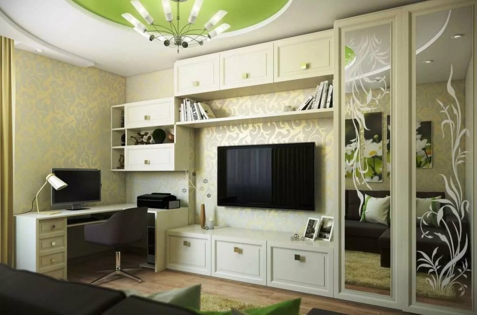 Гостиная с угловым компьютерным столом