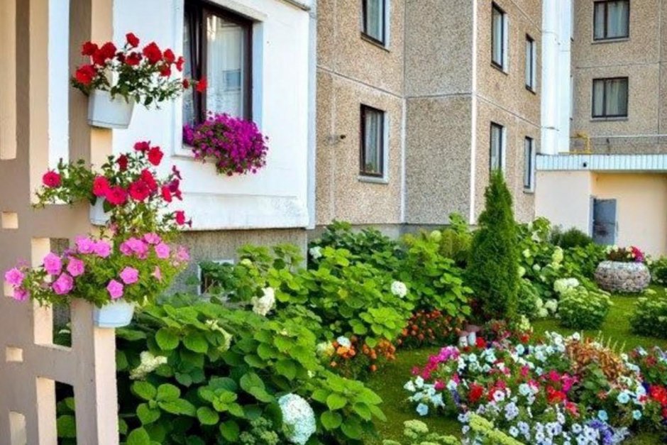 Цветы во дворе многоэтажного дома