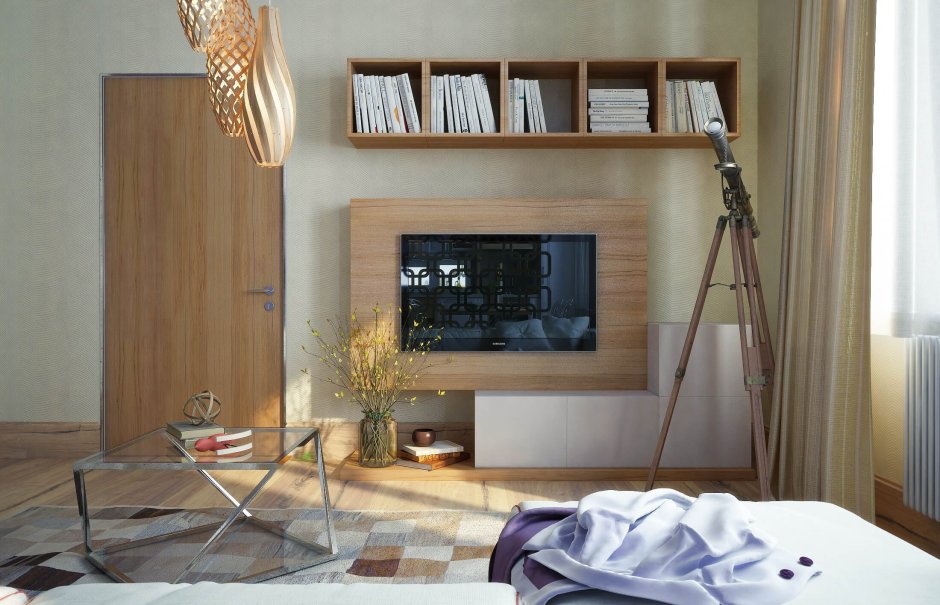 Подвесная стена в интерьере с телевизором