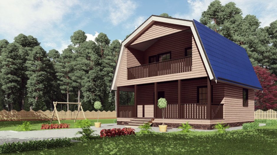 Дом с мансардной крышей и балконом