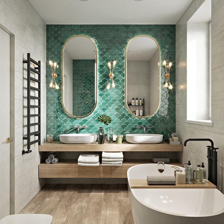 Ванная с изумрудной плиткой