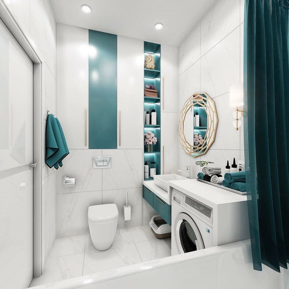 Белая ванная с изумрудными акцентами