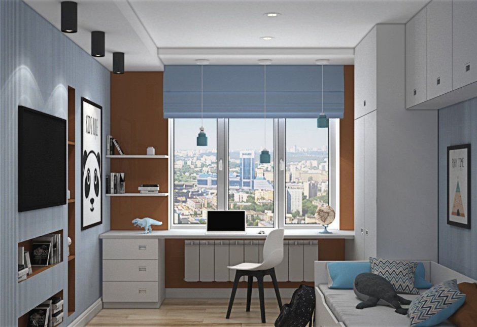 Интерьер комнаты для подростка со столом у окна