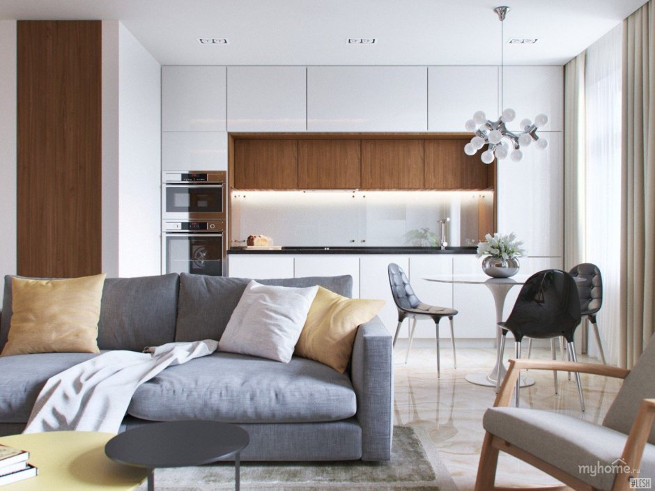 Кухня гостиная серая с деревом