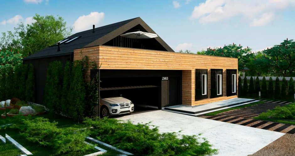 Современный дом с гаражом и навесом