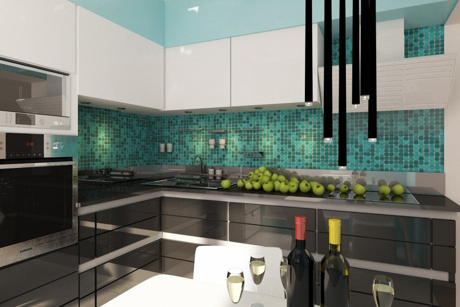 Кухня с бирюзовым фартуком