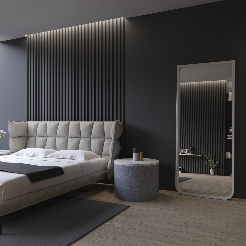 Спальня с рейками на стене