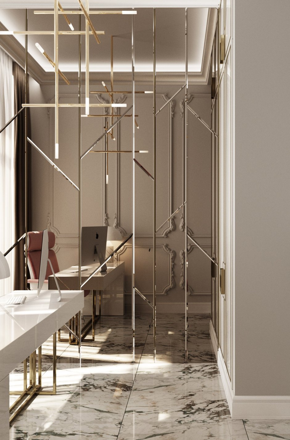 Идеи интерьера с зеркальным поно и рейками