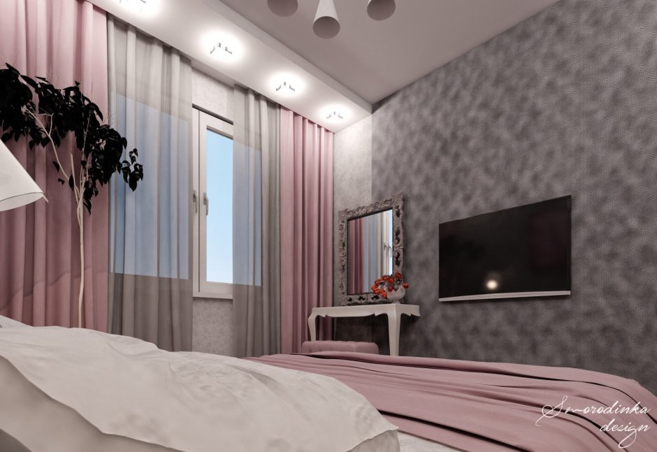 Интерьер спальни с розово-черными шторами