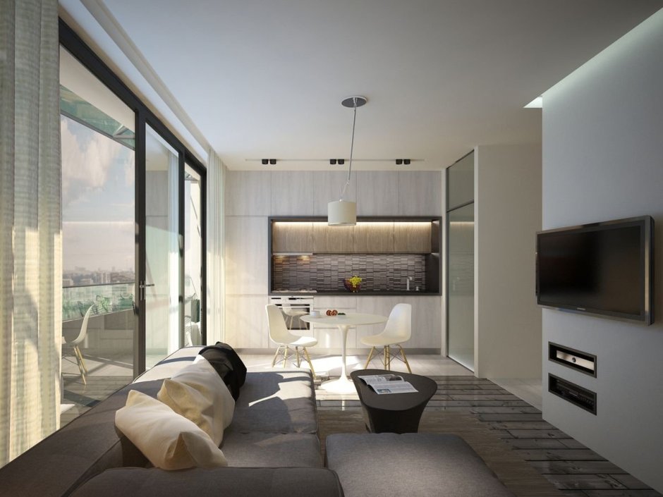 Интерьер дома с панорамными окнами кухня гостиная