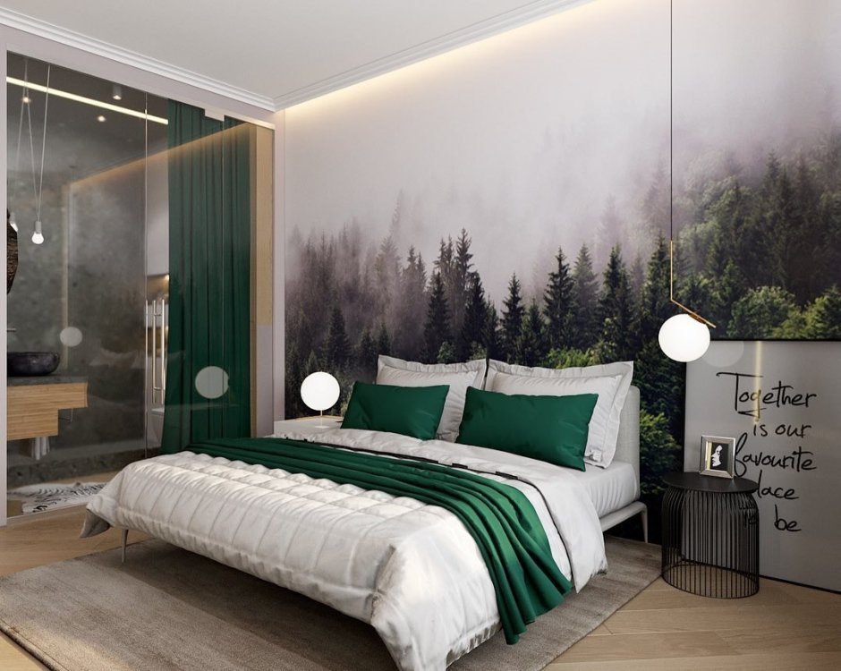 Спальня с лесом на стене