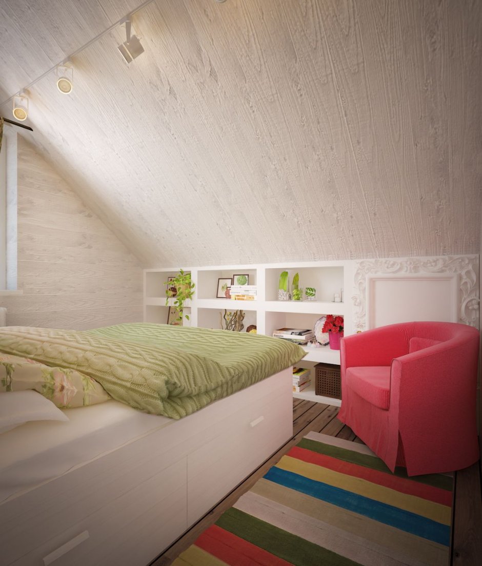 Спальня в мансарде со скошенным потолком в стиле Прованс
