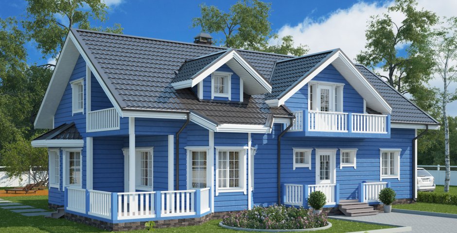 Голубой дом с белыми окнами