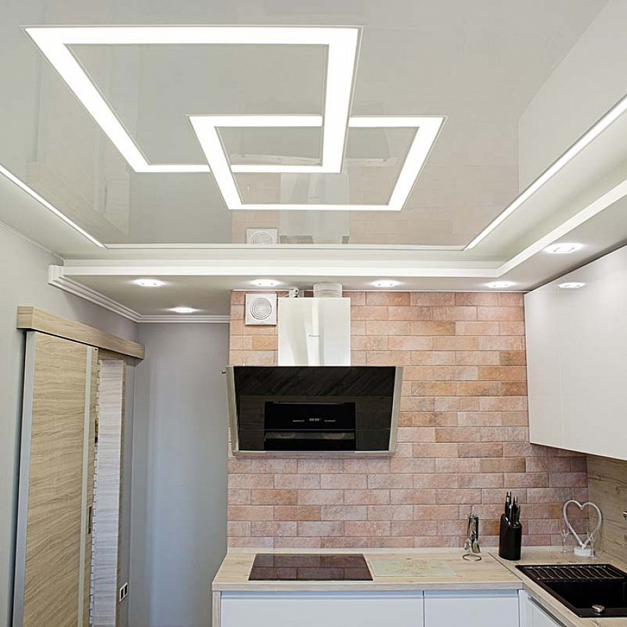 Эскизы потолков натяжных для кухни со светильниками