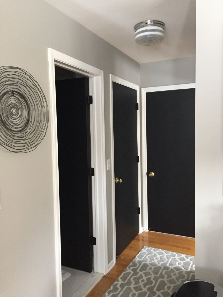 Белая дверь с черным наличником