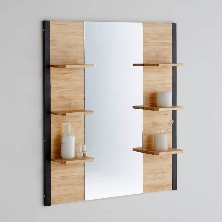 Зеркало с деревянной полочкой в ванную