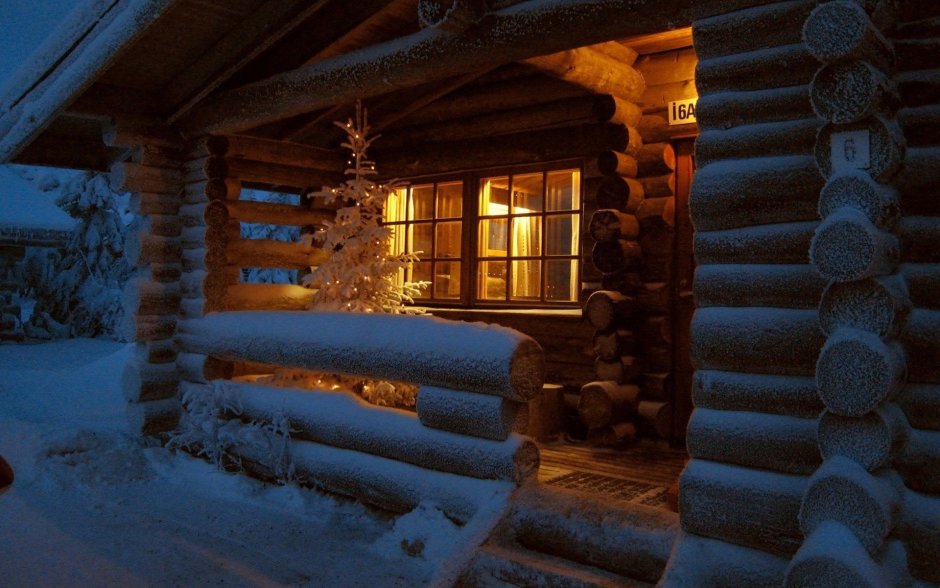 Зимний лес бревенчатый дом