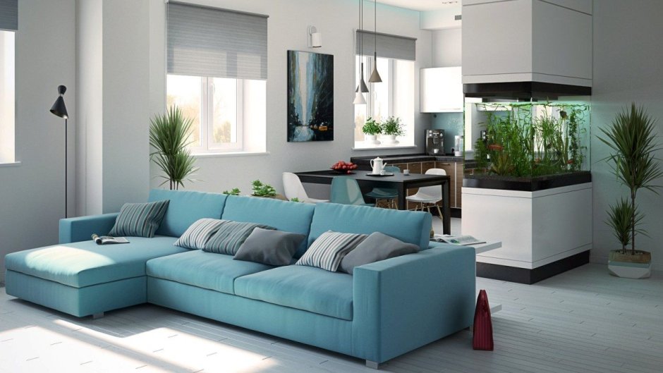 Голубой угловой диван в интерьере