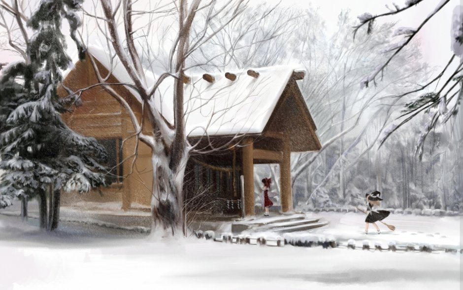 Дом зимой в лесу мультяшный