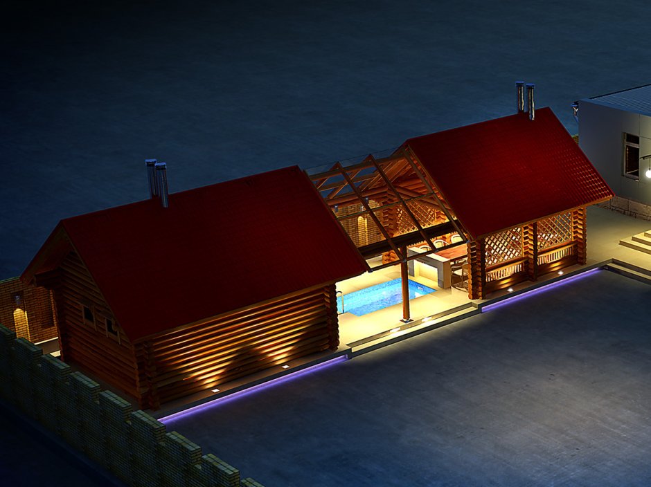 Баня с зоной барбекю и бассейном под одной крышей